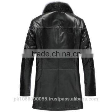 Mens Winter Sheepskin Shearling Leather Coat With Raccoon Fur Trim Black photo-2