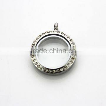 Wholesale 316L Stainless Steel 25mm Round Screw Glass Floating Locket With Rhinestone
