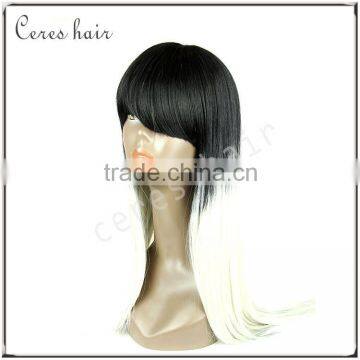 Black and White Two Tone Ombre Synthetic Fiber Wig Long Neat Bang Silk Straight Hair Wig for Black Women photo-3