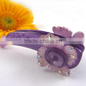 New Hair Clip Acryl Rhinestone Aubergine Double Flowers