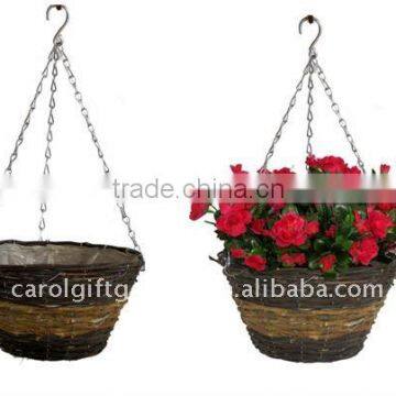 Black/Yellow Rattan flat bottom hanging planter - Black/Yellow Rattan flower basket - Rattan flower pot