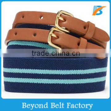 Beyond Men Women Fashion Blue Striped Fabric Jean Belt with Double Leather Tab