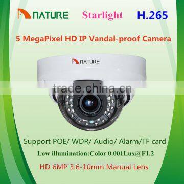 H.265 Full HD 5.0MP Starlight Real- WDR POE IP Dome Camera CCTV IP Security Camera with TF SD card recording