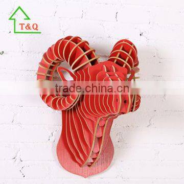Wood Argali Animal Head 3D Wall Home Hotel Lobby Wall Decor photo-2