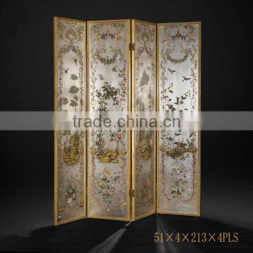 Elegant Gilt Wooden Floor Screen, Gold Painted Flower & Bird Four Panel Folding Screen, Curio Classic Furniture Decor Screen