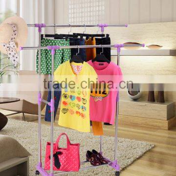 Stainless Steel Adjustable Telescoping Vertical and Horizontal Bars Double Rails Rolling Clothing Rack and Garment Rack photo-2