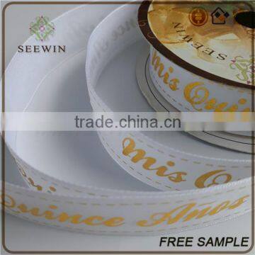Double Sided Silk Sheer Grosgrain Gold Printed Logo Size Satin Ribbon Bow photo-3