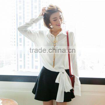 Woman fashion long bell sleeve white color bow front loose chiffon blouse