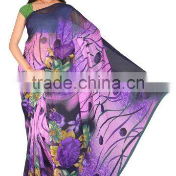 Beige & Black Colored Georgette Satin Printed Saree. photo-3