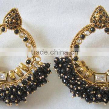 Black Beads polki gold tone dangler EARRINGS