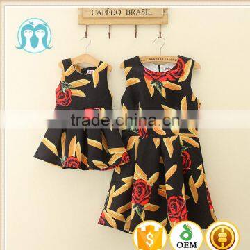 2017 New arrival flower mom and daughter dresses Summer sleeveless black mother and kids family matching clothes