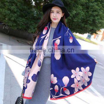 Hot sale 2017 new style young ladies scarf beautiful pink lotus printed blue bottom color women mufflers
