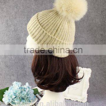 High Quality 15cm Fox Fur Real Sheep Wool Knit Beanie Hat With Fox Fur Ball photo-2