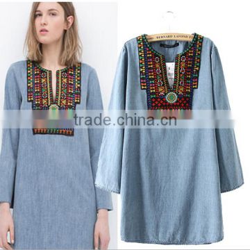 EY0588A Hot Salling Women Ethnic wind embroidery long-sleeved cowboy dress