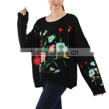 OEM Service 2017 Women Loose Floral Embroidery Flower Knit Pullover Sweater photo-5