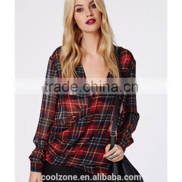 90's Deep Plunge Wrap Over Style 2015 New Design Chiffon Ladies Blouse photo-4