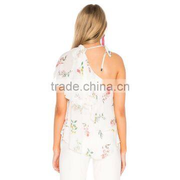 Choker Design Chiffon Top Floral One Shoulder Lady Blouse photo-3