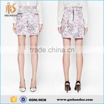 Guangzhou shandao summer floral front zipped pockets print stretch cotton A-Line 2015 high quality ladies short skirt