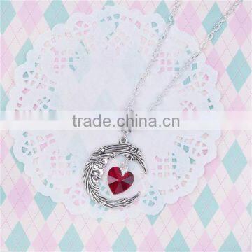 New Fashion Necklace Textured Link Cable Chain Antique Silver Glass Wine Red Heart Moon Pendant Face Carved 67.0cm long