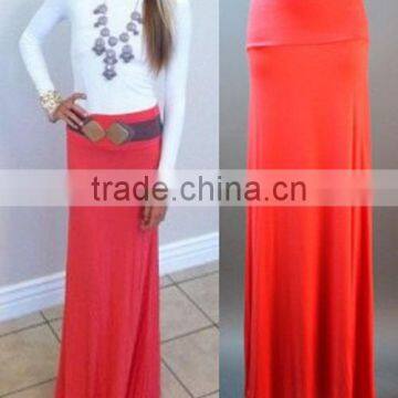 OEM Rayon Fold Over Waist Latest Model Plain Blue Women Maxi Skirts Latest Long Skirt Design photo-2