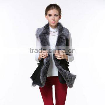 New Arrival 2016 fashion winter black with grey fur leather waistcoat