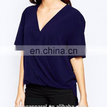 New Fashion Design Lady Blouse Woven Fabric V-neck Short Sleeve Woman Blouse photo-4