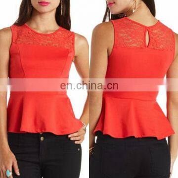 Newest Fashion Chiffon Ruffles Lace Patchwork Womens Tops