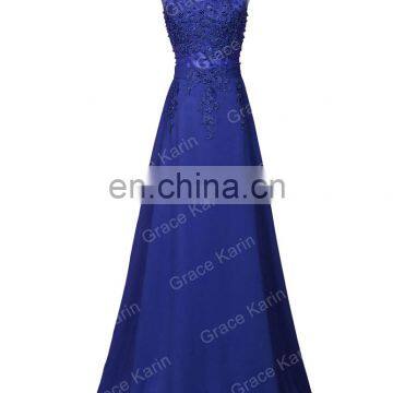 Grace Karin Sleeveless V-Back Beaded Blue Chiffon Prom Dress Long CL007555-6 photo-4