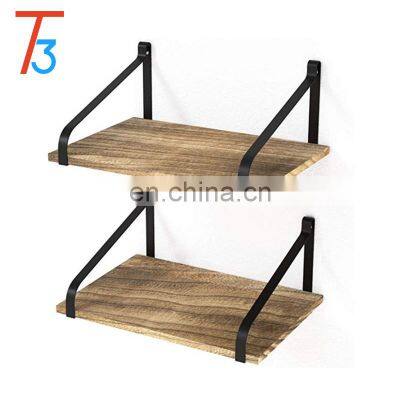 2 Tier Hanging Corner Shelf Wood Wall Floating Shelves Rustic Organizer Displays Storage Rack photo-2