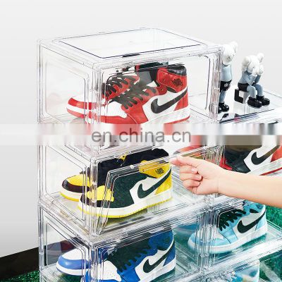 wholesale transparent shoe box uk stackable jordan nike acrylic shoe box magnetic clear with custom logo Front plastic shoe box