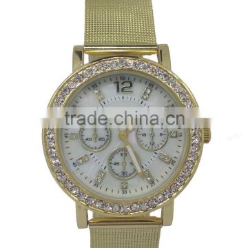 SNT-0027 fashion gold alloy watch with crystal stones and reticulate hand, high quality quartz watch