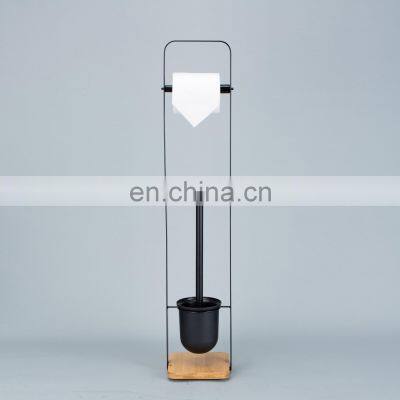 Multifunctional Powder Coating Black Bamboo Standing Toilet Roll And Toilet Brush Holder Set photo-3