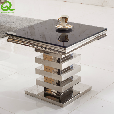 Modern luxury high quality home furniture living room silver stainless steel frame glass top square side table