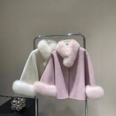 Precious Small Cape Double-sided Cashmere Coat for Women in Autumn and Winter Small Wool Rich Woman Fox Fur Collar Coat Short photo-2
