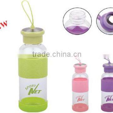 Single Layer Glass Bottle with Silicone Grip & Strap for Promotion