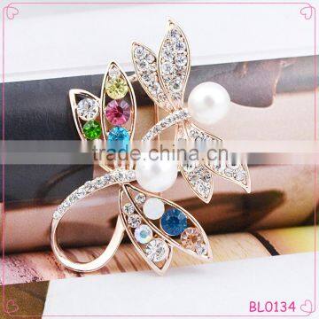 2015 Fashion jewelry dragonfly design pearl brooch multicolor crystal brooch