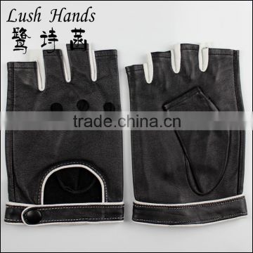 2015 fashion short fingerless black leather driving gloves with knuckles holes