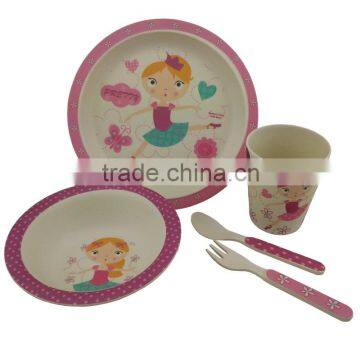 biodegradable bamboo fibre children plate bowl cup spoon and fork ,eco kids dinner set