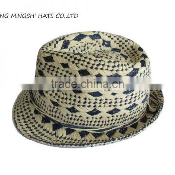 hand-make straw hats with shinning string mixed in beige and blue color