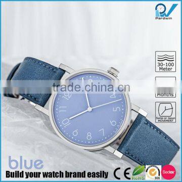 Japan movt quartz watch stainless steel case man wrist watch match blue genuine leather starp watch