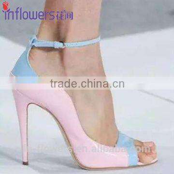 Custom made pink leather ankle strap women high heel shoes