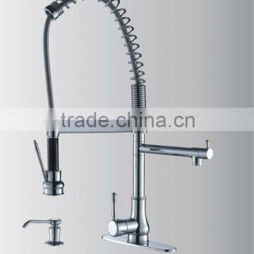 single handle pull-out spray kitchen sink faucet with soap dispenser