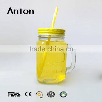 14oz Hot Sale Relief Mason Jar Mug With Handle Metal Lid Clear Glass Mason Bottles photo-5