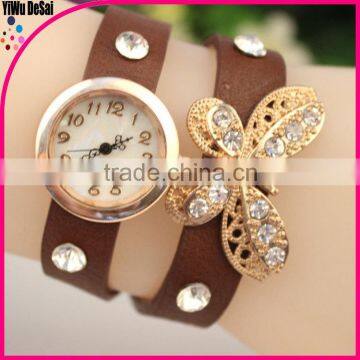 New fashion crystal leather watch wrapped two circles rivets quartz watches for women