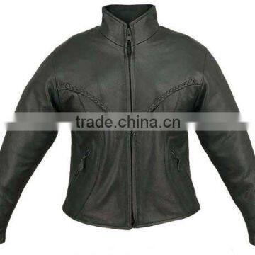 Short Style Ladies Slifit Black Braided Motorcycle Leather Jacket