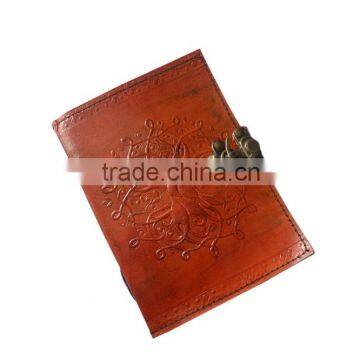 Brass Lock With Handmade Paper Flower Design Printed Embossed Leather Journal Diary