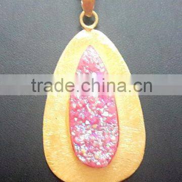 Coated Druzy Long Pear Pink Gemstone Brass Pendant, Gold Plated Brass Semi Gemstone Pendant, Rough Gemstone Pendant