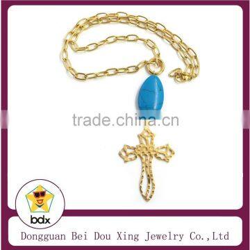 Stylish Christians Stainless Steel Gold Plated Religious Jesus Cross Pendant Necklace With Heart Turquoise Beads For Muslim