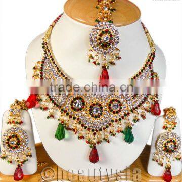 Kundan Gold Tone Green Maroon Fashion Necklace Earrings Mangtikka Jewelry Set S205