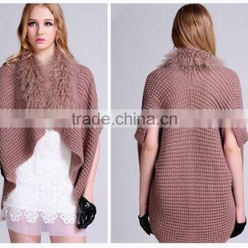 Wholesale Fashion Women Knitted Wool Poncho with Mongolian Fur Collar Wool Poncho